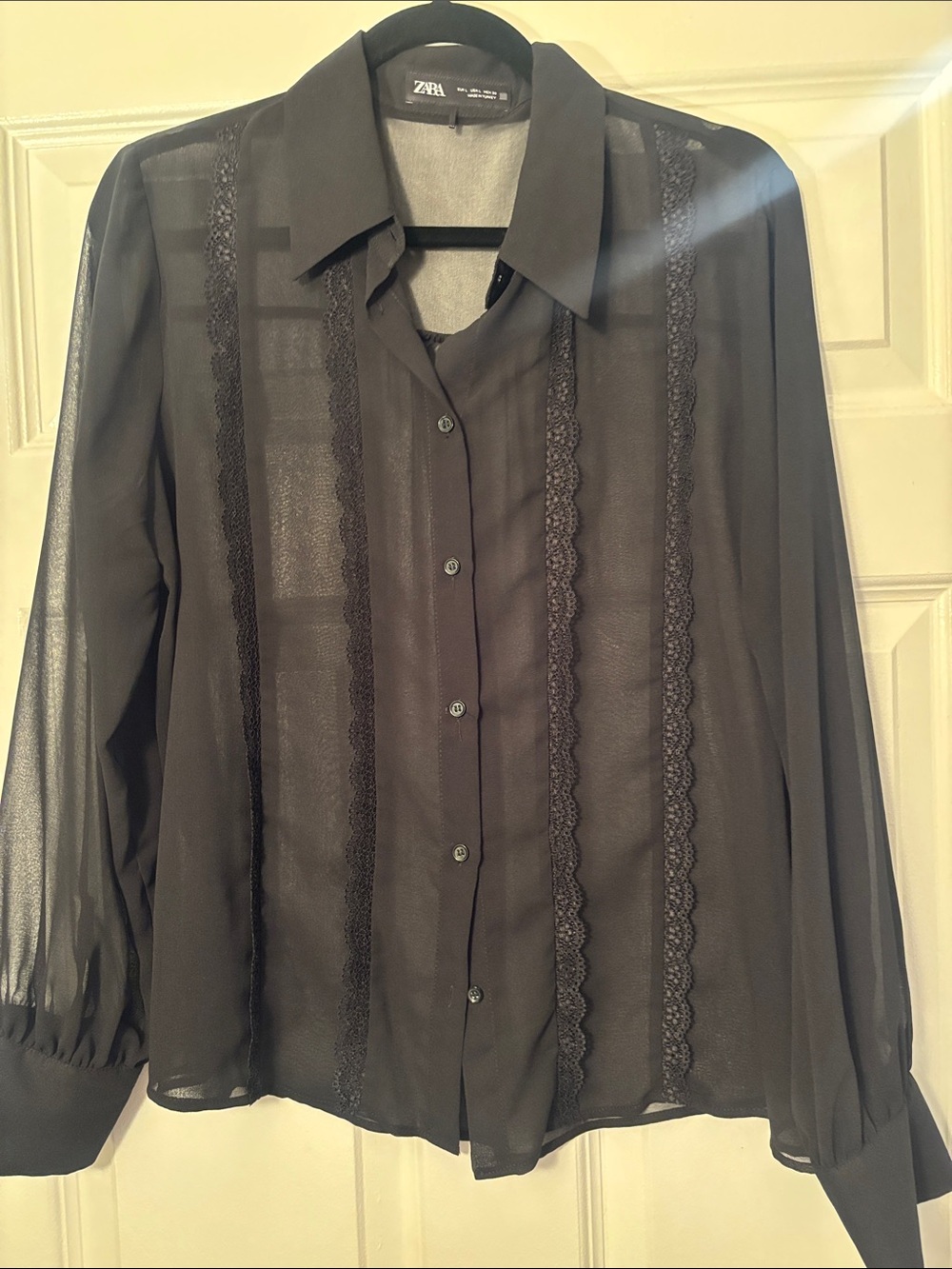 Zara Black Sheer Lace-Trim Button-Down Shirt